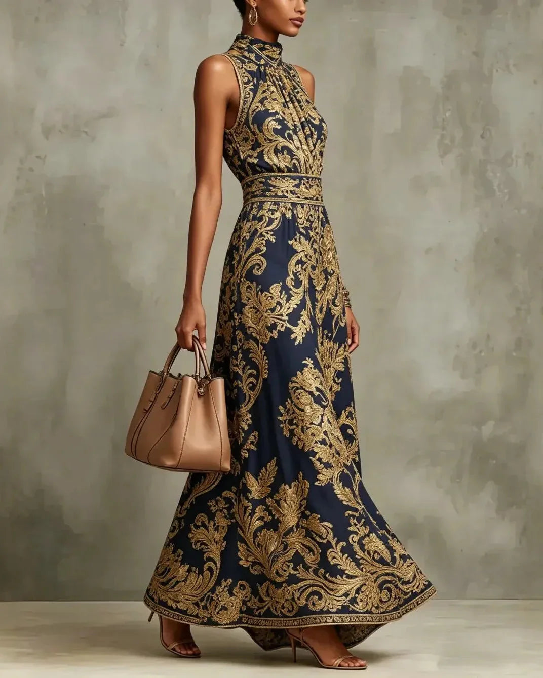 ELENA | VESTIDO LARGO GLAMOUR CON ESTAMPADO BARROCO DORADO