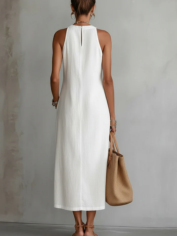Alessia | Vestido midi de lino con cuello mao