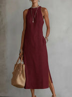 Alessia | Vestido midi de lino con cuello mao