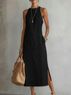 Alessia | Vestido midi de lino con cuello mao