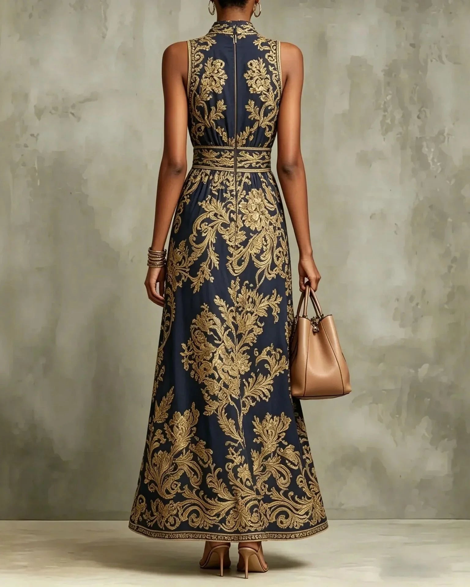 ELENA | VESTIDO LARGO GLAMOUR CON ESTAMPADO BARROCO DORADO